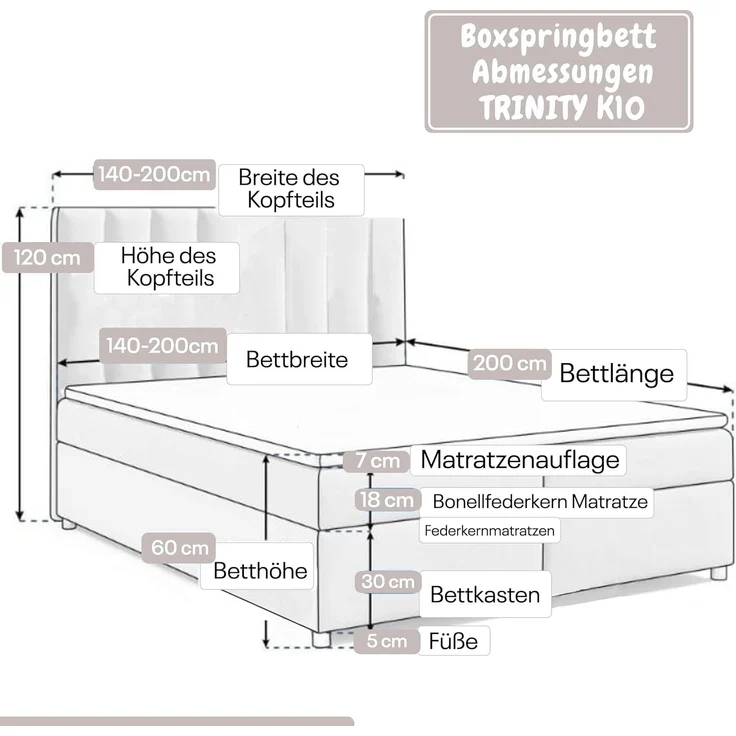 Best for Home Boxspringbett mit Bettkasten Trinity K-10 Bonellfederkern inkl. 7 cm Topper (Bonell-Matratze, gepolstertes Kopfteil, Doppelbett versch. Größen, 140x200 160x200 180x200 200x200 cm), Handwerksqualität, TOP Preis-Leistungs-Verhältnis – Bild 5