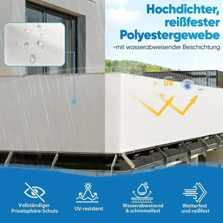 Sekey Balkon Sichtschutz Balkonabdeckung Balkonverkleidung blickdichte Wind- und UV-Schutz, 100% Privatsphäre, mit Ösen, Nylon Kabelbinder und Kordel, 90x500cm, Weiß – Bild 3