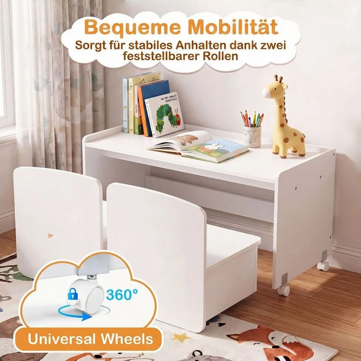 COSTWAY Kindertisch (4-St), 3 in 1 Kinderregal mit Tisch auf Rollen, 2 Stuhl – Bild 4