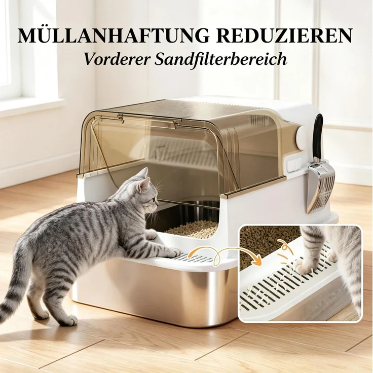 Geschlossene Katzentoilette 70 x 50 x 46,5 cm mit Edelstahlschale und Klappdeckel – Bild 6