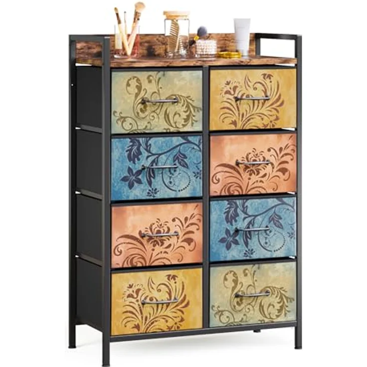 Mondeer Kommode mit 8 Schubladen, Schubladenschrank aus Vintage-Blumenmotiv Stoff Metallrahmen Rustikales, für Wohnzimmer Schlafzimmer Flur, 66.5 x 30 x 105.5 cm, Vintagebraun – Bild 2