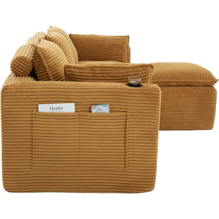 Modulares 3-Sitzer Sofa mit Hocker, B 256 x T 161 x H 75 cm, aus orangefarbenem Cord – Bild 6