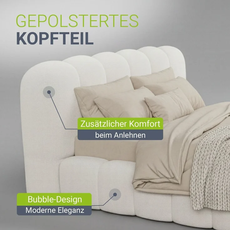 Juskys Polsterbett Catania - Bubble Design, gepolstertes Kopfteil, stabile Kontruktion - 140 x 200 cm - Creme – Bild 5