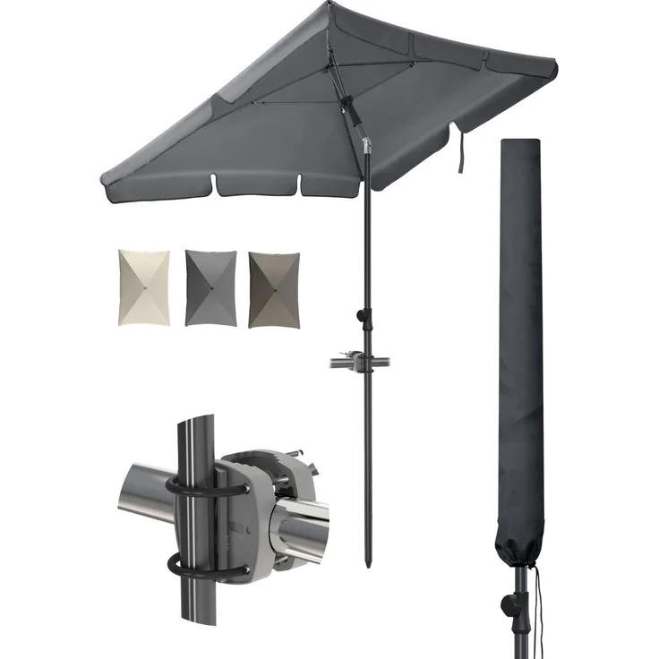 Menz Sonnenschirm Balkon 3-teiliges Komplettset, Anthrazit - UPF 50+ Sonnenschirm rechteckig 200 x 125 cm + Sonnenschirmhalter Balkongeländer + Sonnenschirmhülle, Sonnenschutz Balkon, Balkon-Schirm