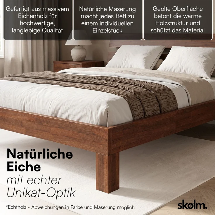 skølm 'Floki' Bett 180x200 cm, Bettgestell aus Eiche, Bettkopf 2 Streben, Massivholzbett lackiert, Walnuss Optik, geeignet als Doppelbett – Bild 4