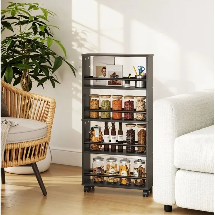 Rollwagen aus Holz mit 4 Fächern und feststellbaren Rollen, 45x15x91 cm, Schwarz