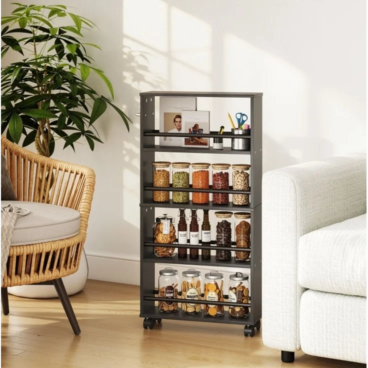 Rollwagen aus Holz mit 4 Fächern und feststellbaren Rollen, 45x15x91 cm, Schwarz – Bild 1