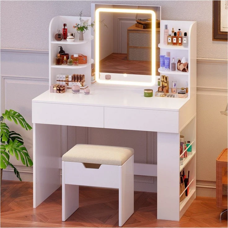 Furnicopia Schminktisch 90/110 cm, LED-Beleuchtung mit einstellbarer Helligkeit, Stauraum (Mit 8 Ablagefachern, 2 Schubladen (beidseitig austauschbar)und optionalem Hocker. Erhältlich in Weiß und Schwarz) – Bild 2