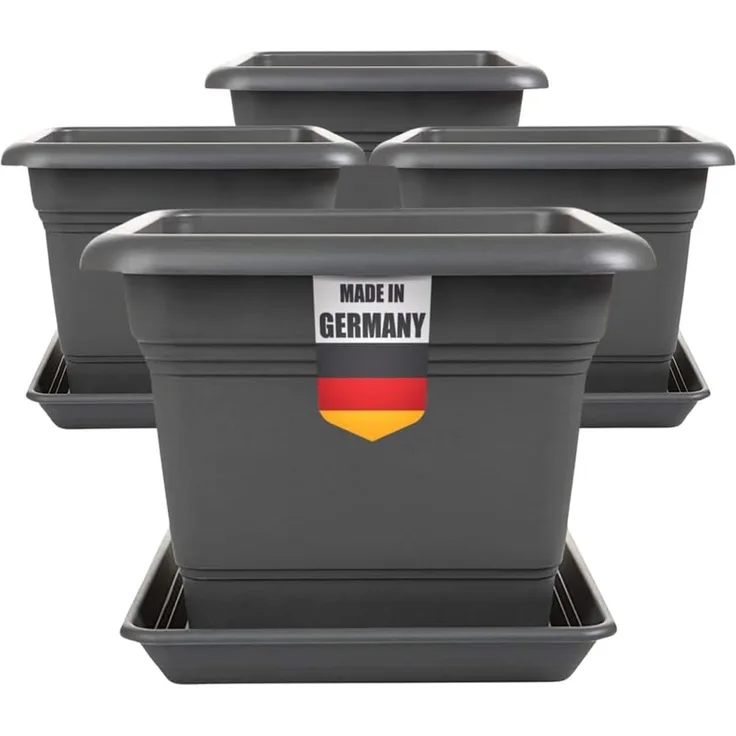 2friends Blumentopf 4er Set Anthrazit Blumenkübel XXL mit Untersetzer (48 x 48 x 38 cm), Robustes Pflanzkübelset für Garten & Terrasse