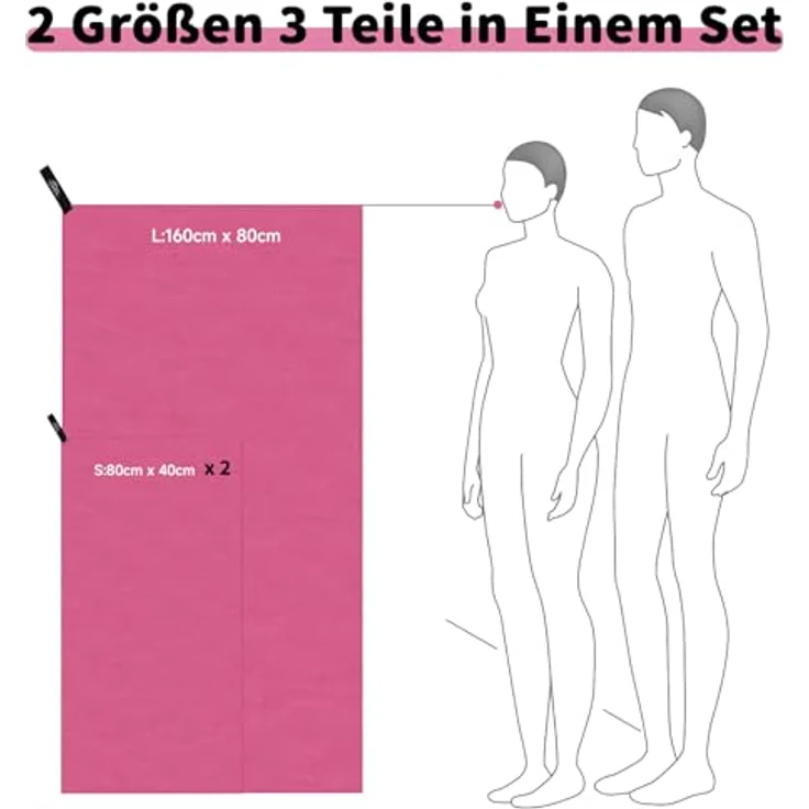 Pameil Mikrofaser Handtuch 3er Set, schnelltrocknend und super saugfähig, 1 großes Badetuch (160x80cm) + 2 kleine Handtücher (80x40cm), rosa – Bild 2