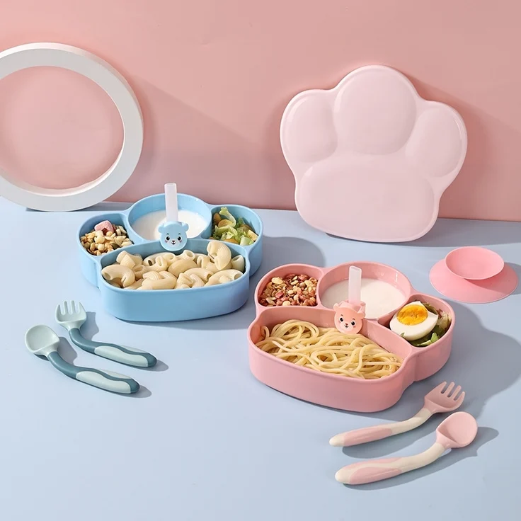 ABC Orangefarbenes 6-teiliges Baby-PP-Tellerset, Kindergeschirrset, integrierte Fächer, inklusive Baby-Silikon-Trinkbecher, Strohhalm und Trainingslöffel – Bild 2