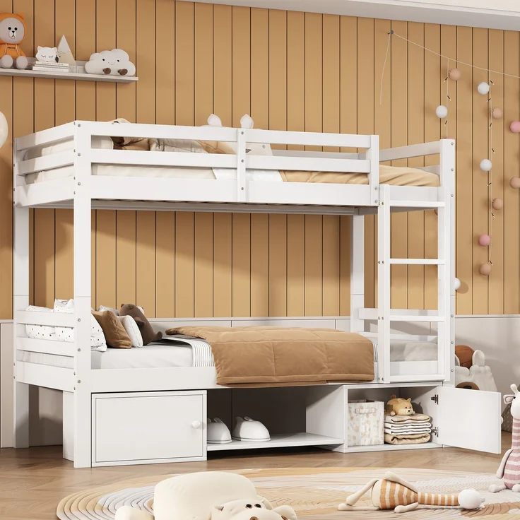 Kinder Etagenbett 2-in-1 mit Schuhregalen & Schließfächern, teilbar zu 2 Einzelbetten, weiß, Kinderzimmermöbel – Bild 5