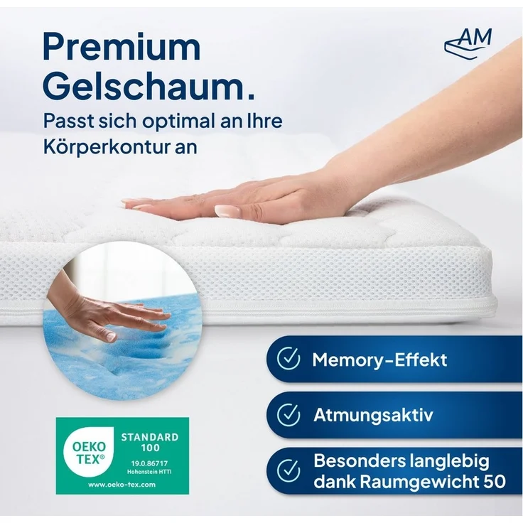 AM Qualitätsmatratzen, Topper Gelschaum-Topper in Premiumhöhe, Memory Foam Topper für Boxspringbett, 8 cm hoch, Premium Plus Gelschaum (8cm), 80x200 cm – Bild 2