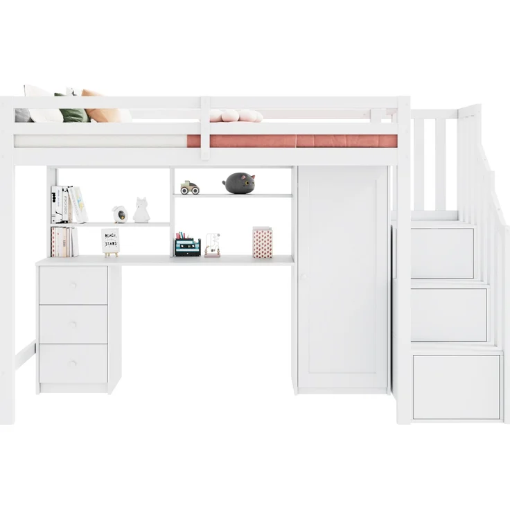 Merax Hochbett Etagenbett 90*200cm Kinderbett mit Schreibtisch und Kleiderschrank, Treppe, multifunktionales Kinderetagenbett, ausgestattet mit Schubladen und Treppenschrank, weiß – Bild 10