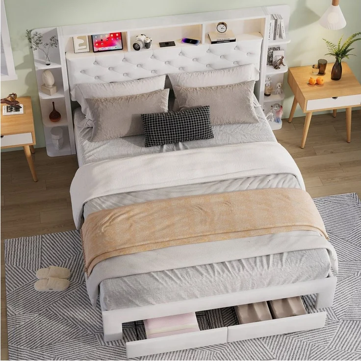 FUROKOY Stauraumbett Weiß Polsterbett Doppelbett mit 2 Schubladen (Set, 1-tlg, Stauraum Kopfteil), Funktionsbett, Samtstoff, Ohne Matratze, 160x200cm – Bild 3