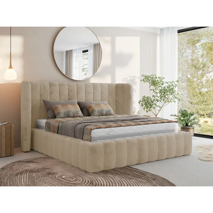 Polsterbett GOLETTA CLASSIC 180 x 200 cm mit gepolstertem Kopfteil, stabilem Bettrahmen, Lattenrost und Bettkasten mit Gasdruckfedern, Doppelbett, zeitloses Design - Creme Plüsch