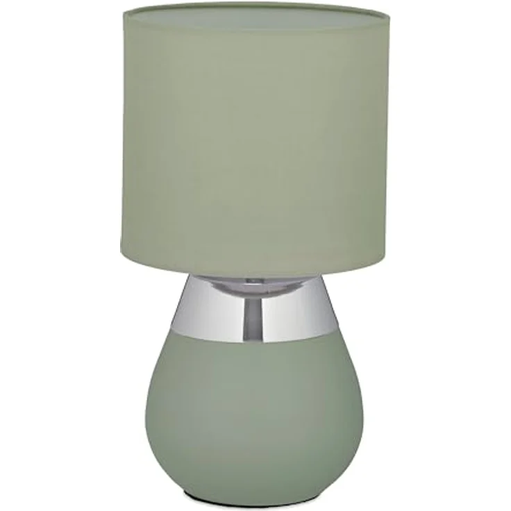Relaxdays Tischlampe, Nachttischlampe mit Metallfuß und Stoffschirm, E14, HxD: 32 x 18 cm, grün/silber – Bild 1