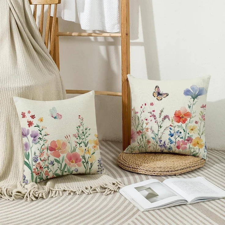 Kissenbezüge 45×45 cm 4er-Set Blumen & Schmetterling, Frühling/Sommer Farmhouse Sofa – Bild 5