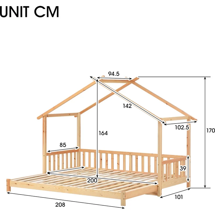 Erweiterbares Hausbett 208x182x170 ausziehbares Kinder- und Tagesbett, reines Massivholz (Kiefer), wandelbar als Einzel- und Doppelbett, natur – Bild 4