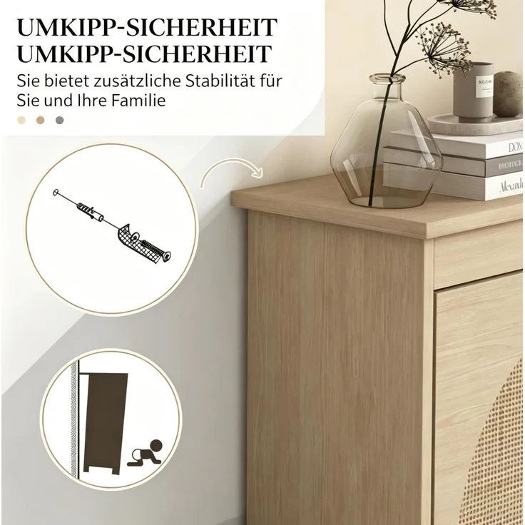 DESVIAE Garderobenschrank Schuhschrank Naturholz aus Spanplatte/Rattan – 105x97,5x24 cm – 4 Klappfächer – Bild 5