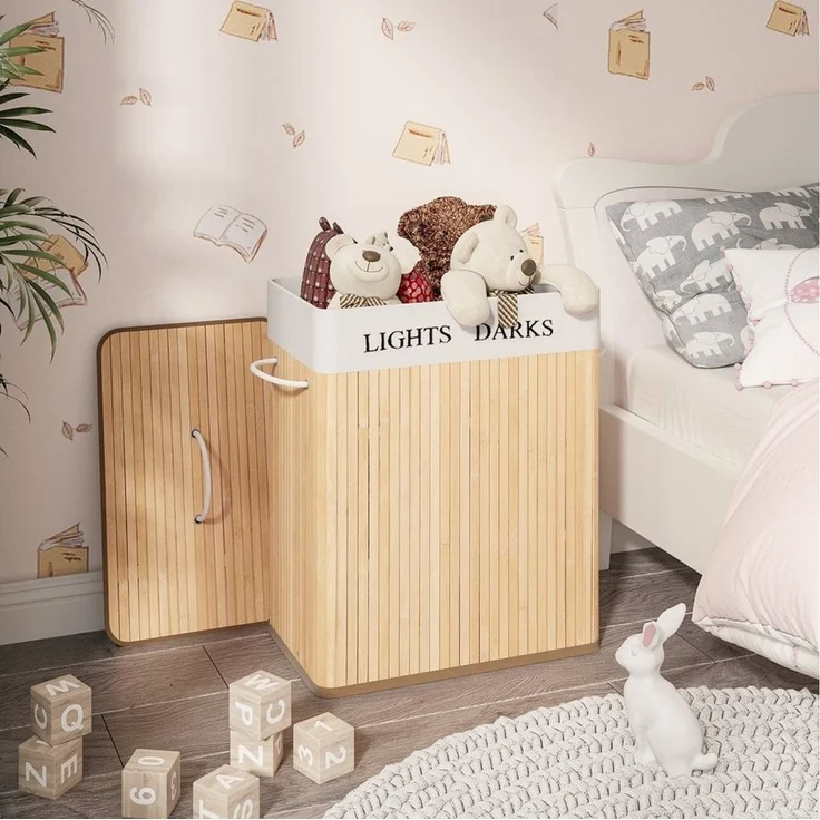 Mondeer Wäschekorb 100L Wäschesortierer aus Bambus (1 St), faltbarer Wäschesammler mit 2 Fächern – Bild 5