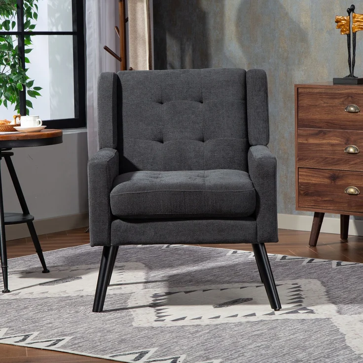 LVHOM Sessel aus Leinenstoff mit Knopfsteppung, Relaxsessel mit Massivholzbeinen, Polstersessel für Wohnzimmer & Büro, bis 130kg, Dunkelgrau – Bild 6