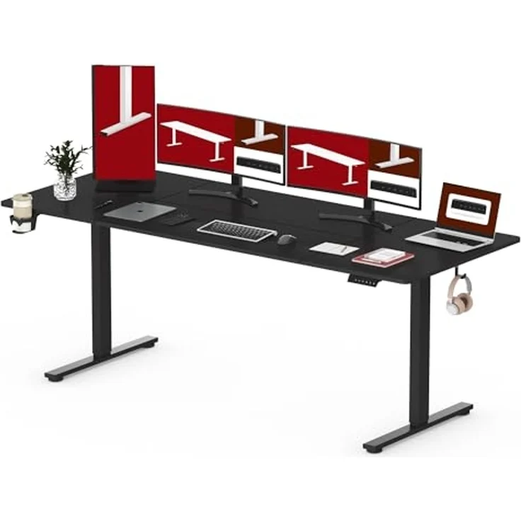 SANODESK Höhenverstellbarer Schreibtisch mit VOLLSTÄNDIGER TISCHPLATTE, 4 Zubehörteilen (Becherhalter, Haken, Aufbewahrungsbox, Kabelmanagement), ergonomisch für Büro und Homeoffice, Schwarz, 110x54CM – Bild 1