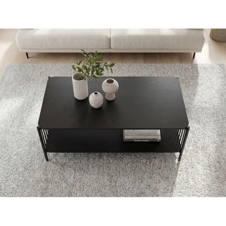 FINEBUY Couchtisch FB117145 Sofatisch 110cm Schwarz Eiche Optik Wohnzimmertisch Ablage (Moderner Wohnzimmertisch im coolen Loft-Design), Großzügige Ablagefläche für Zeitschriften & mehr – Bild 6