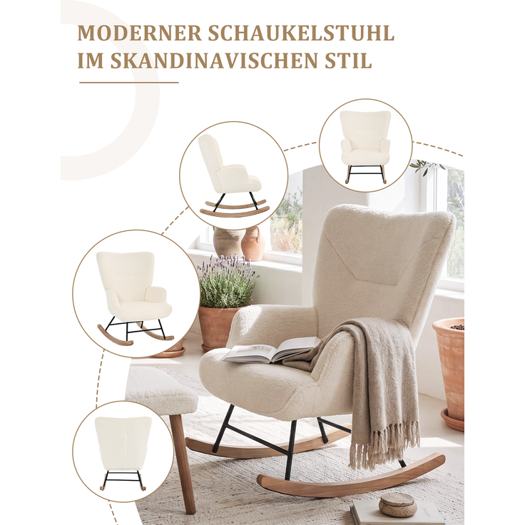 GOEURVANT 5006 Schaukelstuhl ohne Hocker (Relaxsessel, Ohrensessel) - Teddy-Stoff - Creme – Bild 7