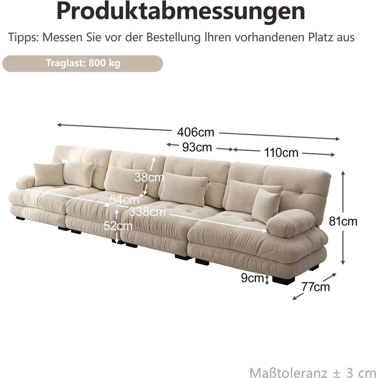 DESVIAE Sofa modular aus Chenille Hellbraun mit Tiefensitz und Dekokissen, 406 x 77 x 81 cm – Bild 10