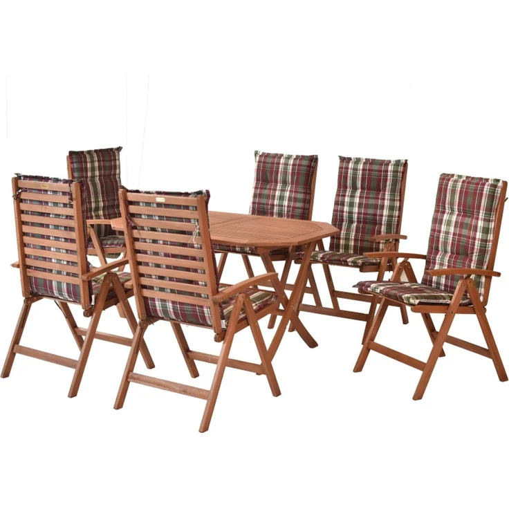 Borkum Gartenmöbel Set 13tlg, 6 Klappsessel, 6 Auflagen, Klapptisch 135 x 85 cm, Eukalyptus – Bild 1