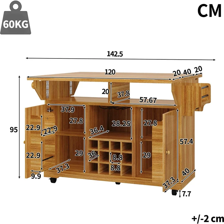 Küchenrollwagen aus MDF mit klappbarer Arbeitsfläche, 142,5x80x95 cm, Dunkelbraun – Bild 5