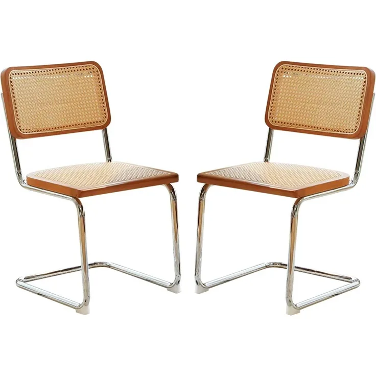 LVHOM 2er Set Freischwinger, Esszimmerstuhl mit Wiener Geflecht, Bauhaus Küchenstuhl aus Natur-Rattan, 25mm Chromgestell, stapelbarer Wohnzimmerstuhl, Braun