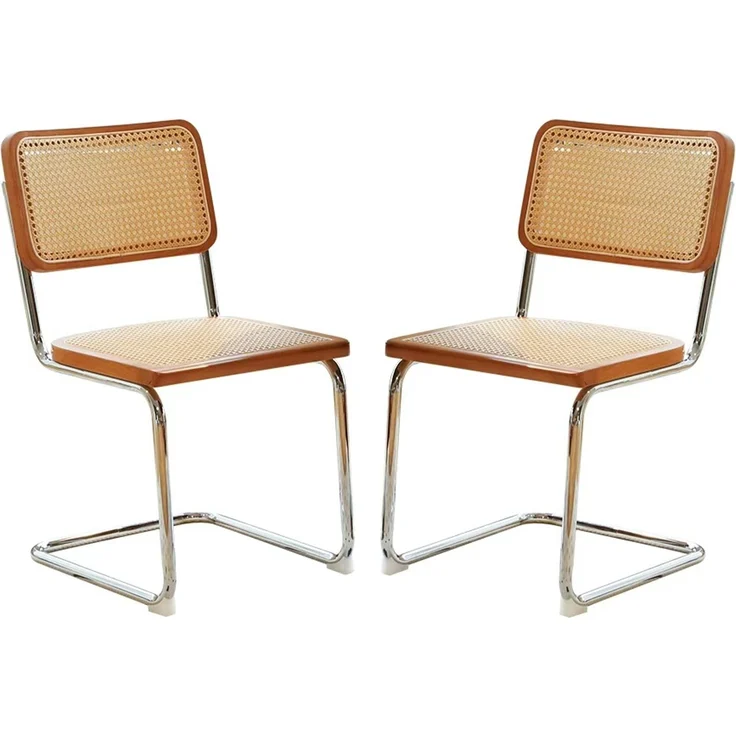 LVHOM 2er Set Freischwinger, Esszimmerstuhl mit Wiener Geflecht, Bauhaus Küchenstuhl aus Natur-Rattan, 25mm Chromgestell, stapelbarer Wohnzimmerstuhl, Braun – Bild 1