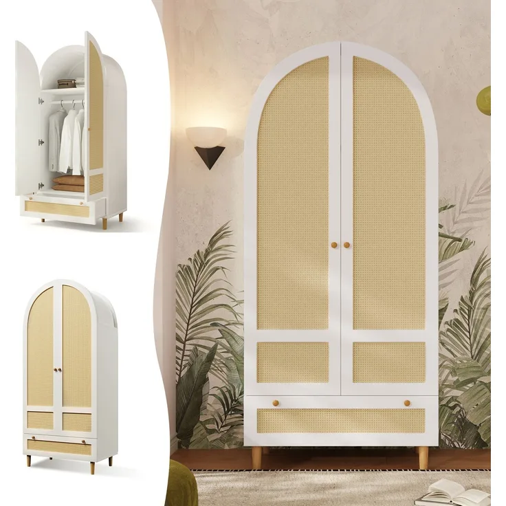Kleiderschrank 80x50x180 cm aus Holz in Rattan-Optik, Schrank in Weiß mit Bogen-Design, Wäscheschrank mit Kleiderstange und Schublade, Garderobenschrank für Schlafzimmer, Kinderzimmer, Flur--Weiß--80x50x180cm--YOUDENOVA