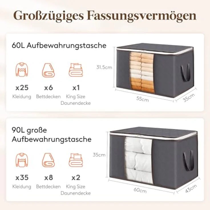 Lifewit 3 Stück 90L Große Aufbewahrungstasche Schrank Organizer Set, Faltbar Kleideraufbewahrung mit verstärkt Griff, stabilem Reißverschluss für Kleidung, Bettwäsche, Bettdecken, Steppdecke, Kissen – Bild 3