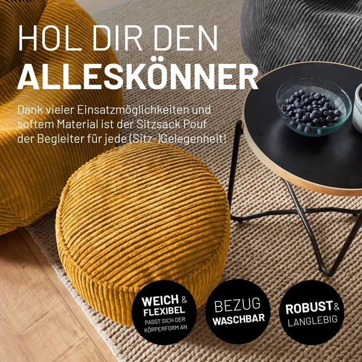 Lumaland Sitzsack Pouf aus Cord | Kompakter 50L Gaming Pouf mit 3-in-1-Funktion: bequemer Hocker, praktisches Tischchen & stylischer Indoor Fußschemel | Ø 25x45 cm [Senfgelb] – Bild 3