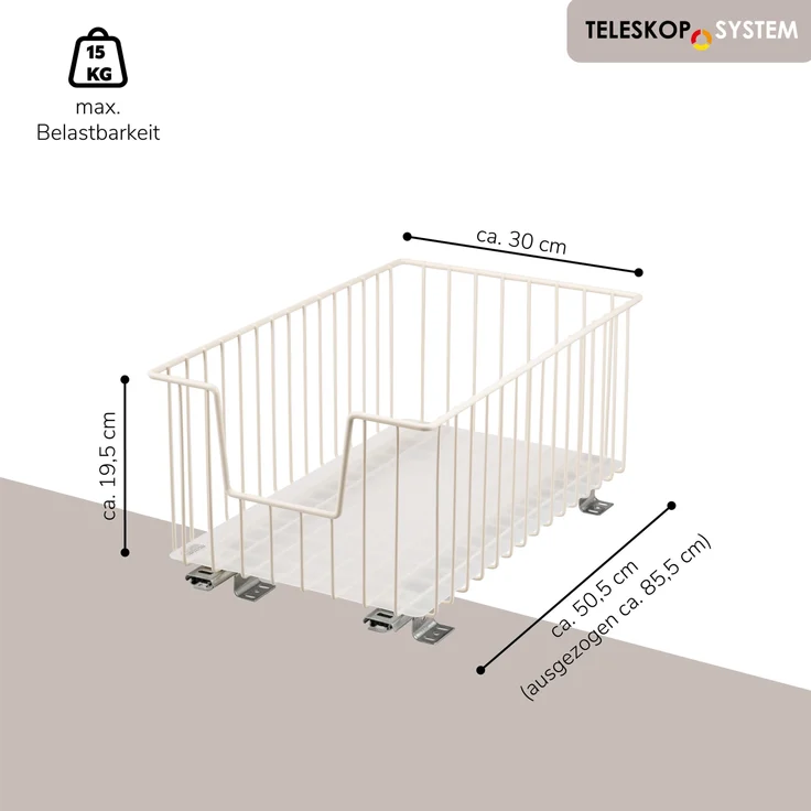 Schrank-Korbauszug 30 cm Breite, Boden-Teleskopschublade mit Einlegeboden, Küchenschublade, cremeweiß – Bild 7