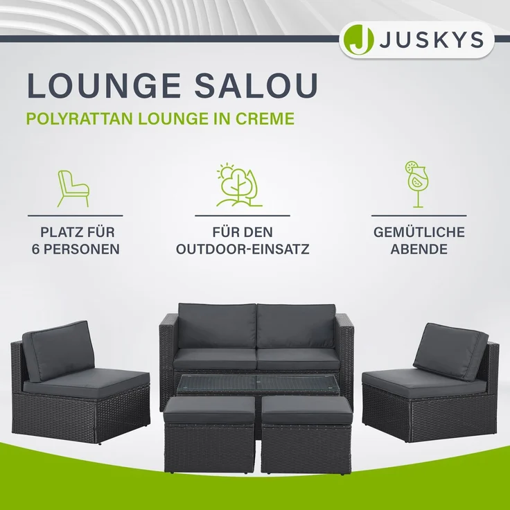 Juskys Polyrattan Gartenmöbel Set Salou - Outdoor Lounge wetterfest 6 Personen - Sitzecke mit Tisch & Kissen für Garten, Balkon, Terrasse - Schwarz – Bild 2