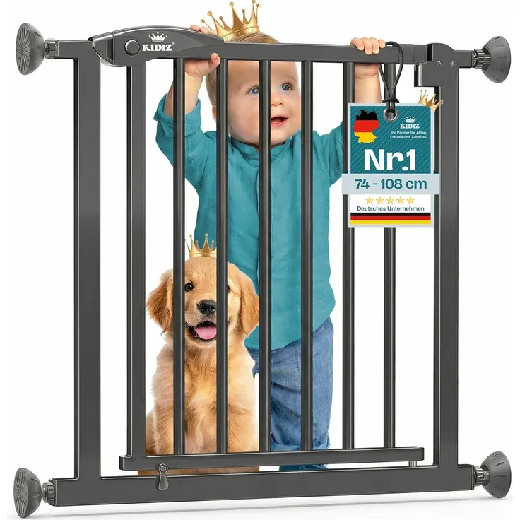 KIDIZ® Schutzgitter für Treppen, Auto Close Treppenschutzgitter ohne Bohren, 90° Stop, schwenkbare Trennwand, Klemmen, Anthrazit, 102 - 115 cm