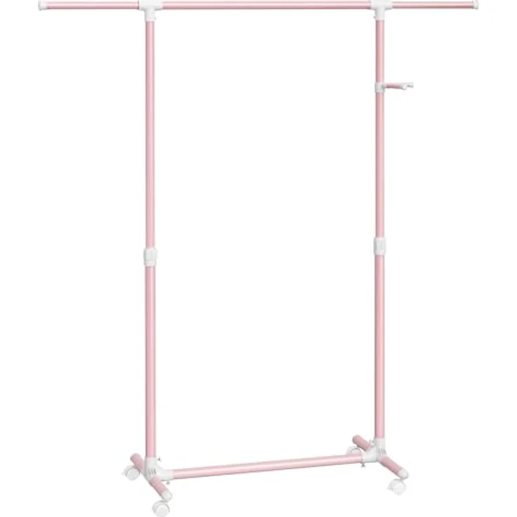 SONGMICS Kleiderständer auf Rollen, Kleiderstange, höhenverstellbar zwischen 97 und 165 cm, ausziehbare Garderobenstange, Garderobenständer, seitliche Haken für Accessoires, pastellrosa LLR001R02 – Bild 2