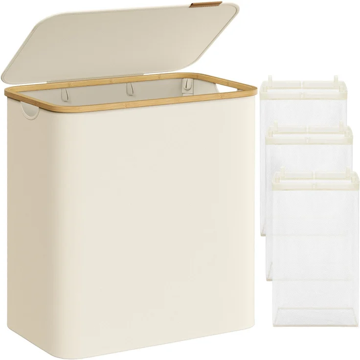 SONGMICS Wäschekorb mit Deckel und herausnehmbarem Wäschesack, zusammenklappbar, Bambus / Oxford-Gewebe cremeweiß, 150 l – Bild 1