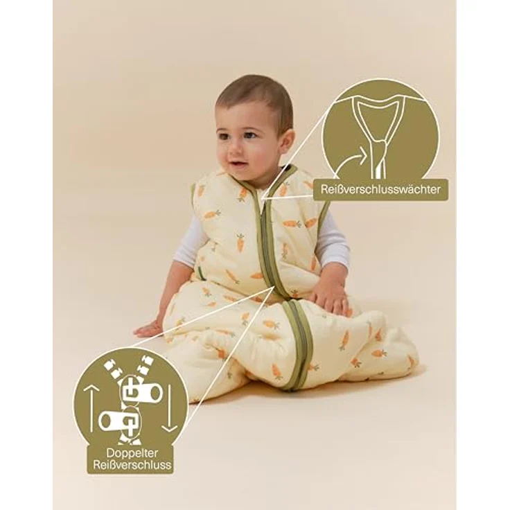 molis&co - Baby Schlafsack 2.5 TOG - Ganzjahres Schlafsack - Babyschlafsack Neugeborene - 100% Baumwolle (Oeko-TEX 100), ärmellos Winterschlafsack wattiert - Premium Qualität - Carrots (95 cm) – Bild 4