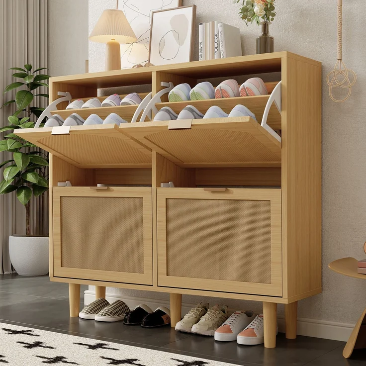 ZUBALIYA Schuhschrank 100 x 25 x 90 cm, aus Spanplatte, Helle Eiche – Bild 2