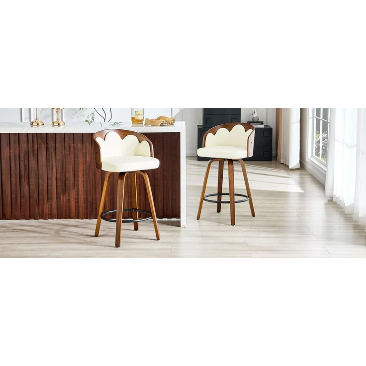 2er Set Barhocker mit Blüten-Rückenlehne, Bugholz, PU-Leder, Metall-Fußstütze, modern--Weiß--89x41.5x46.5cm--YOUDENOVA – Bild 3