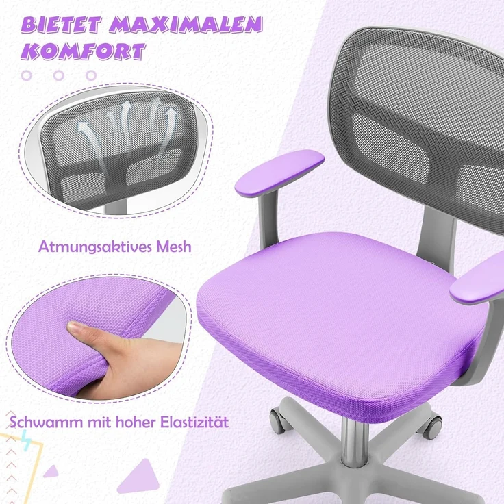 FANTASK 80-91,5 cm Kinder Schreibtischstuhl, Einstellbare Jungendstuhl mit Rückenlehne & Armlehnen, Drehbarer Kinderschreibtischstuhl, Violett – Bild 6
