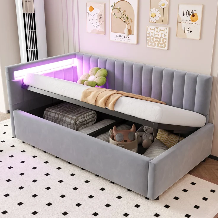 Merax Polsterbett Schlafsofa 90x200, mit LED-Beleuchtung und hydraulischem Stauraum, klassisches vertikales Streifendesign, seitliche Kopfteile mit austauschbaren Positionen, Lattenrost, Samtstoff, Hellgrau – Bild 1