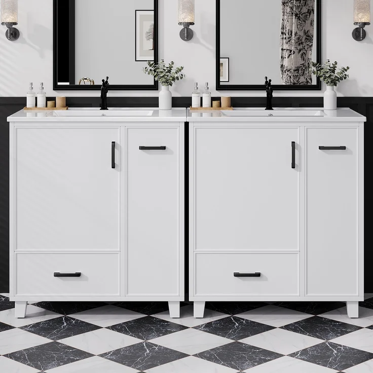 U-life bodenstehender Waschtischunterschrank 76x47 cm, fürs Badezimmer, Lackierte Oberfläche, Seitlicher Auszug mit zwei Ebenen, Integriertes Keramikwaschbecken, Ablagefach an der Türinnenseite, Keramik, Weiß – Bild 6
