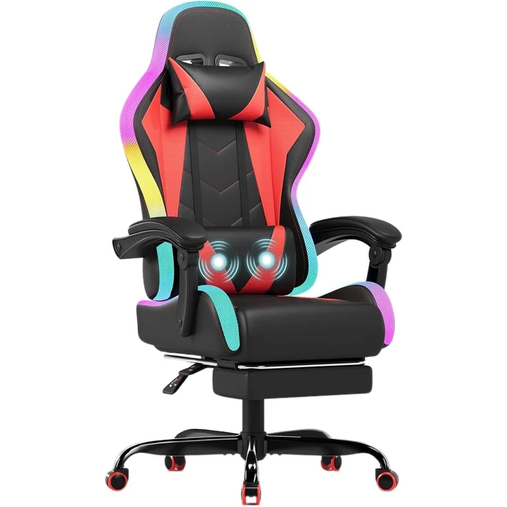 JUMMICO Gaming Stuhl mit led, Cool Racing Gamer Stuhl, Ergonomischer Bürostuhl mit Massagefunktion, Verstellbare Rückenlehne 90-135°, mit Teleskop Fußstütze, Gamingstuhl 150 kg belastbarkeit, Rot