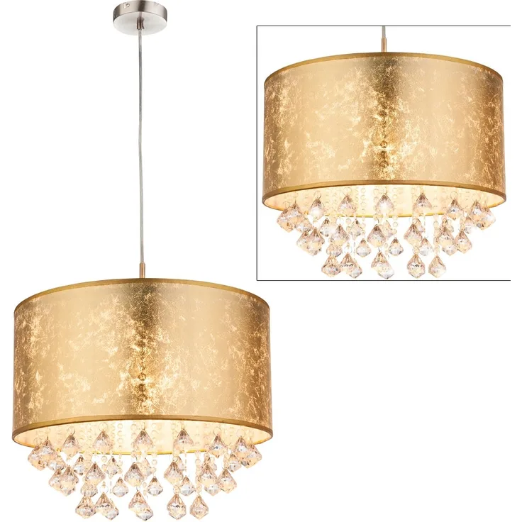 Hängeleuchte, Kristalle, Textilschirm, gold, H 140 cm, AMY